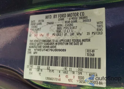 2006 Ford Explorer Eddie Bauer из США, поврежденный, VIN 1FMEU74E76UB09089